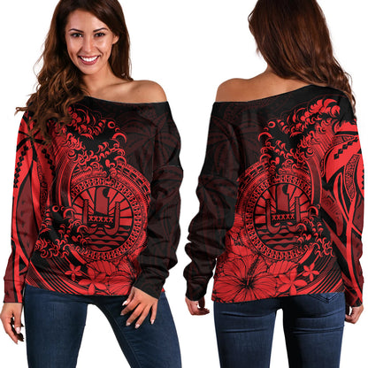 Polynesian Tahiti Island Off Shoulder Sweater The Wave of Water Red