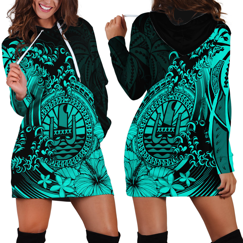 Polynesian Tahiti Island Hoodie Dress The Wave of Water Turquoise