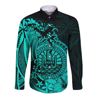 Polynesian Tahiti Island Long Sleeve Button Shirt The Wave of Water Turquoise