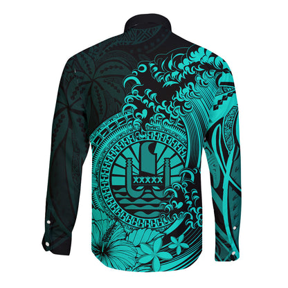 Polynesian Tahiti Island Long Sleeve Button Shirt The Wave of Water Turquoise