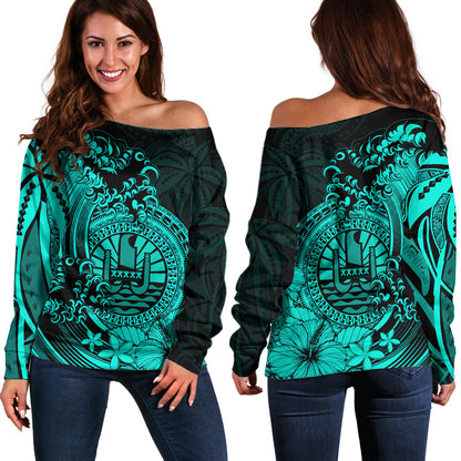 Polynesian Tahiti Island Off Shoulder Sweater The Wave of Water Turquoise