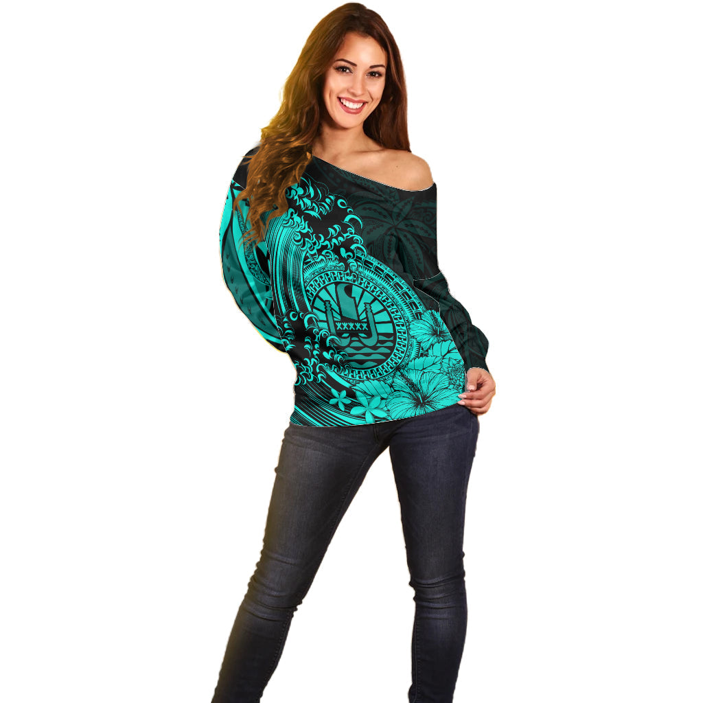 Polynesian Tahiti Island Off Shoulder Sweater The Wave of Water Turquoise