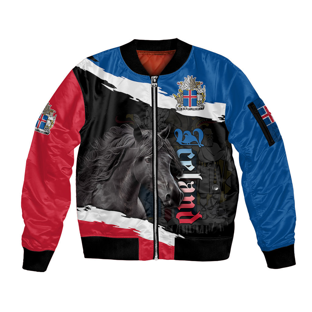 Icelandic Horse Sleeve Zip Bomber Jacket Icelandic Coat of Arm - Black