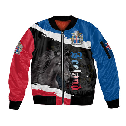 Icelandic Horse Sleeve Zip Bomber Jacket Icelandic Coat of Arm - Black
