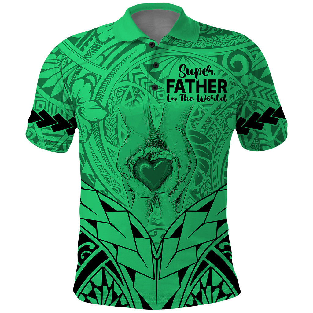 Polynesian Father's Day Gift For Dad Polo Shirt Super Father In The World - Green Polynesian Pattern