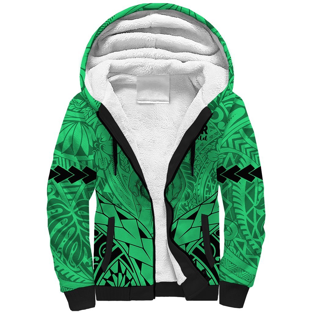 Personalised Polynesian Father's Day Gift For Dad Sherpa Hoodie Super Father In The World Green Polynesian Pattern
