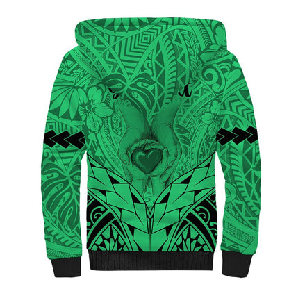 Personalised Polynesian Father's Day Gift For Dad Sherpa Hoodie Super Father In The World Green Polynesian Pattern