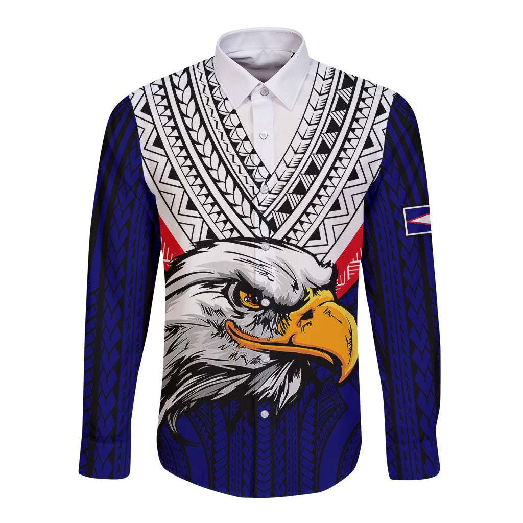 American Samoa Long Sleeve Button Shirt Bald Eagle with Polynesian Pattern