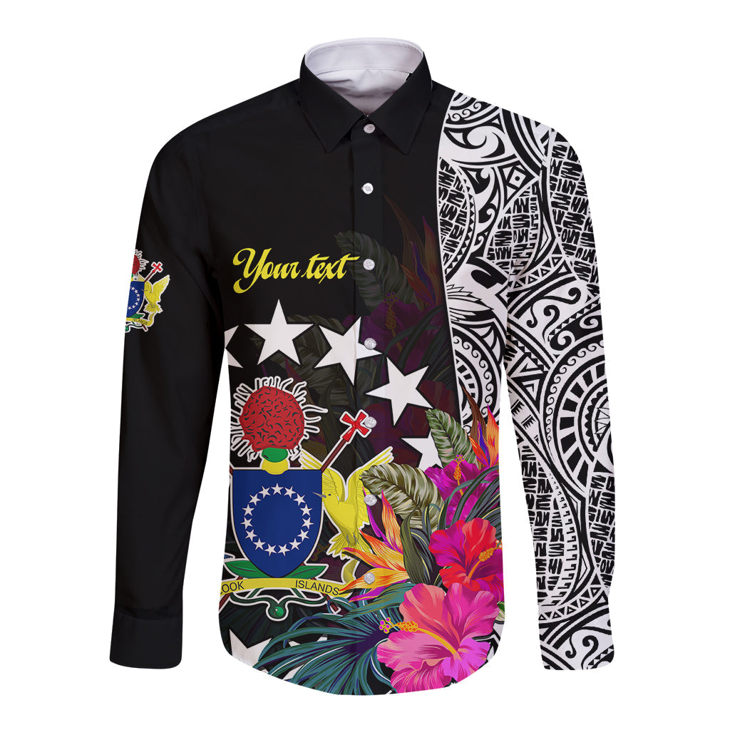 (Custom Personalised) Cook Island Long Sleeve Button Shirt Tribal Polynesian and Tropical Flowers
