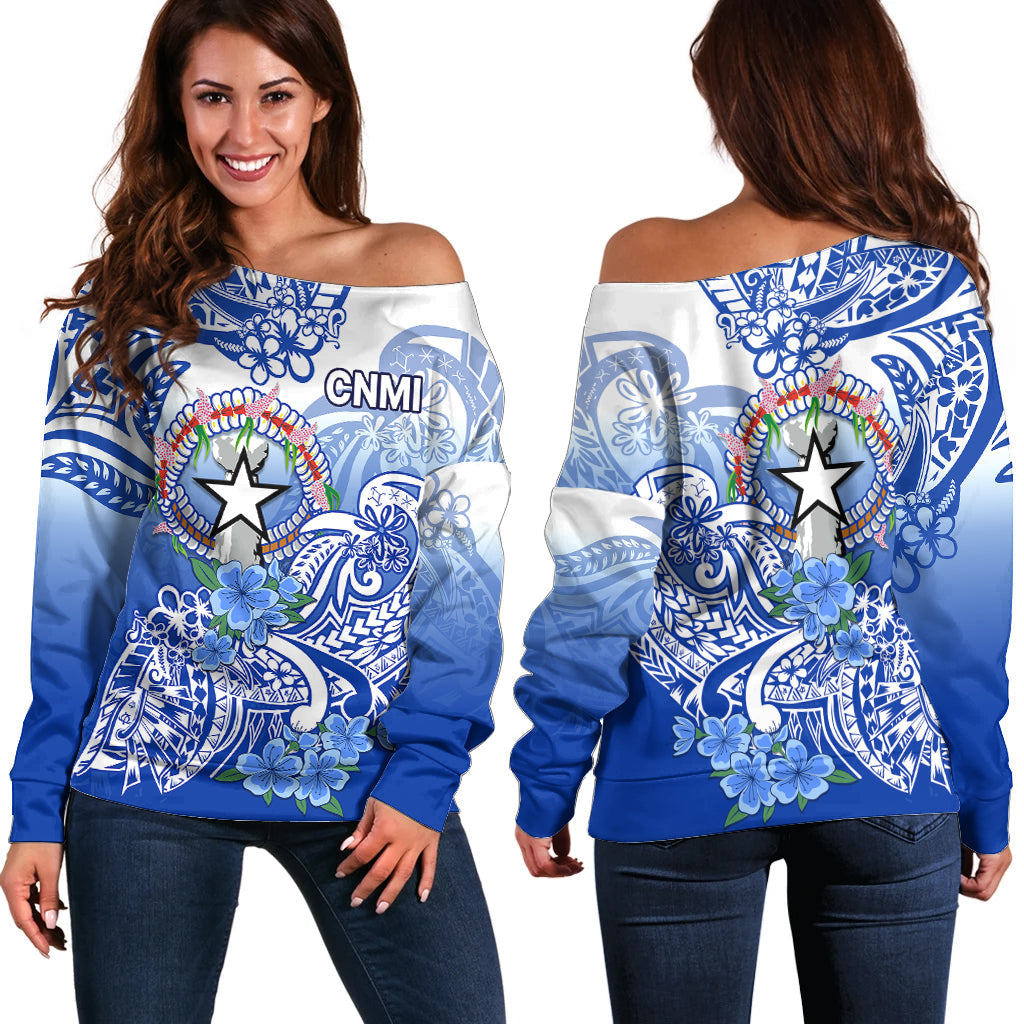 Northern Mariana Islands Off Shoulder Sweater Polynesian Floral Tribal