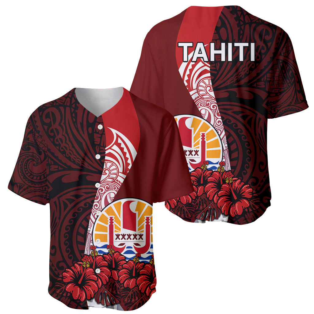 Tahiti Baseball Jersey Polynesian Coat Of Arm With Hibiscus