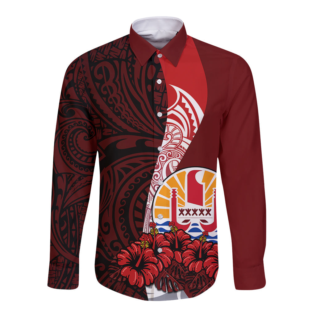 Tahiti Long Sleeve Button Shirt Polynesian Coat Of Arm With Hibiscus
