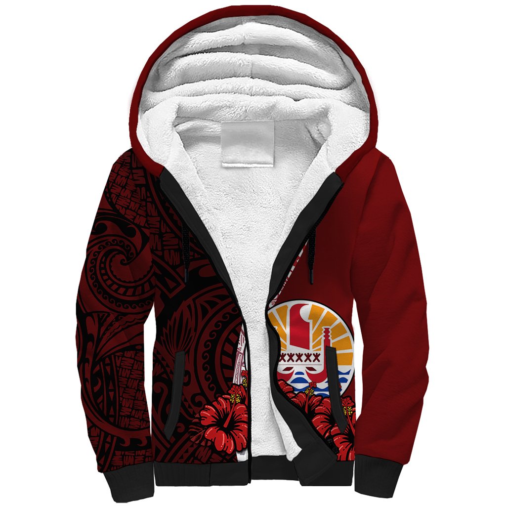 Tahiti Sherpa Hoodie Polynesian Coat Of Arm With Hibiscus