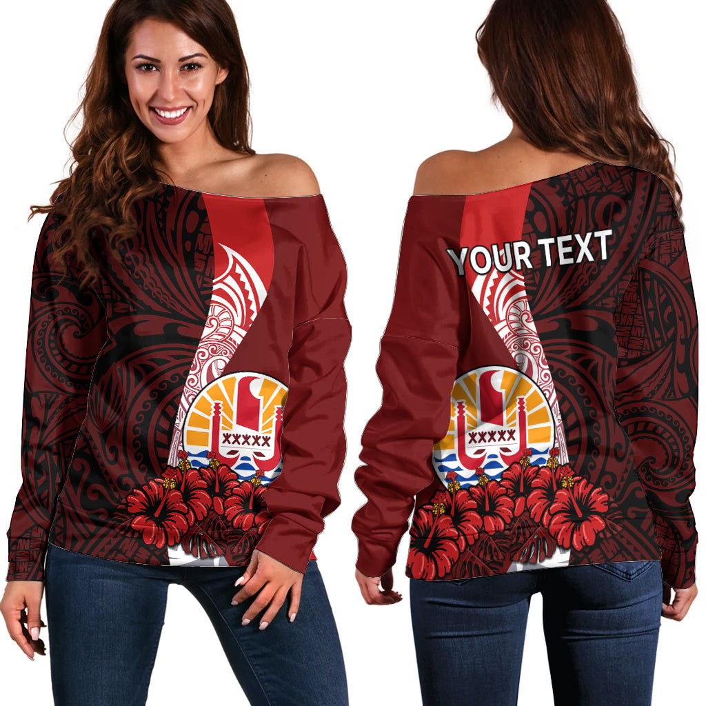 (Custom Personalised) Tahiti Off Shoulder Sweater Polynesian Coat Of Arm With Hibiscus