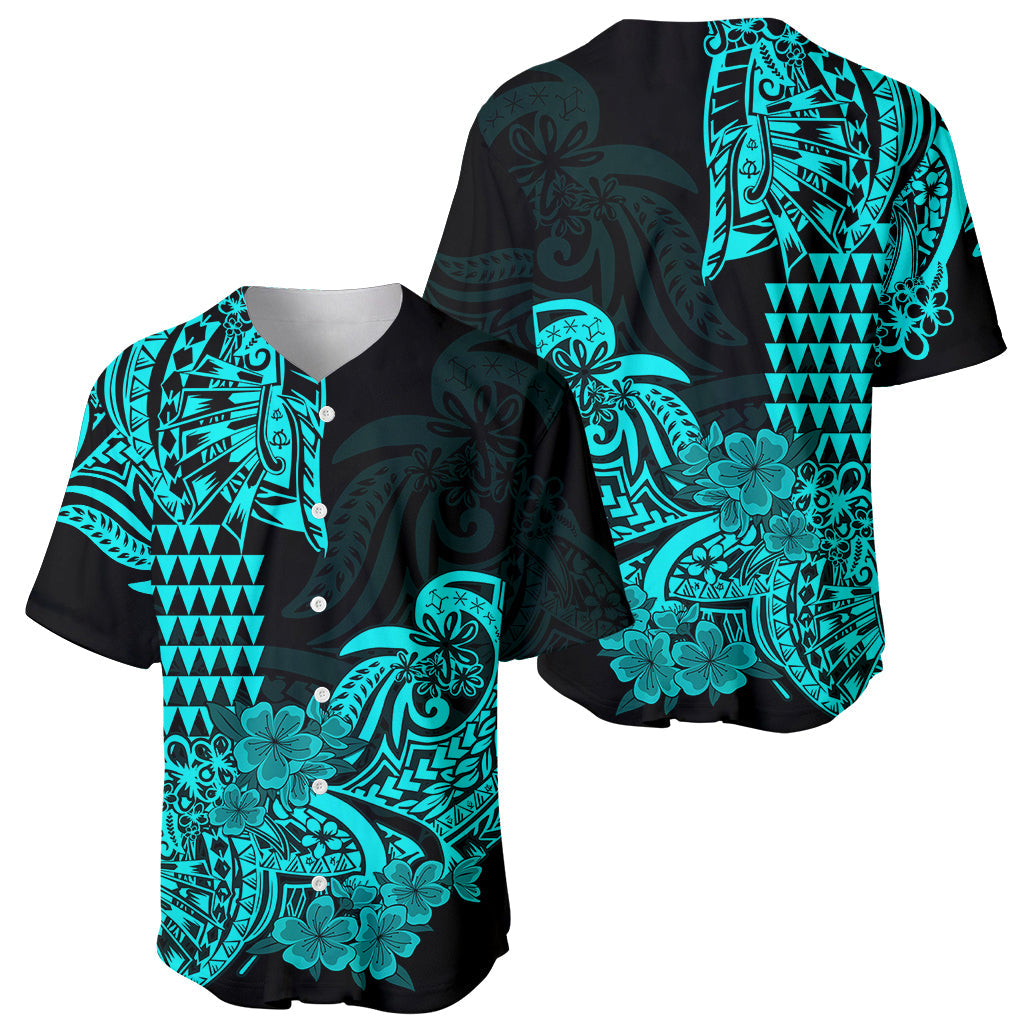 Hawaii Kakau Baseball Jersey Polynesian Floral Tribal Aqua Version