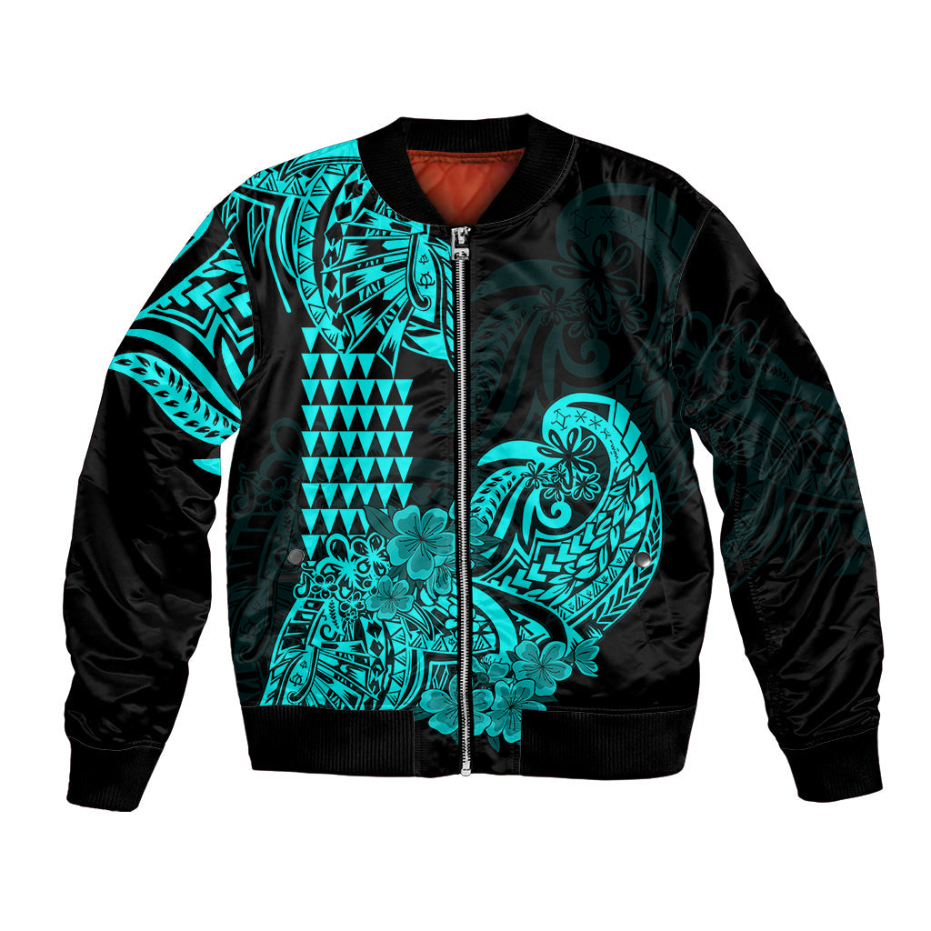 Hawaii Kakau Bomber Jacket Polynesian Floral Tribal Aqua Version