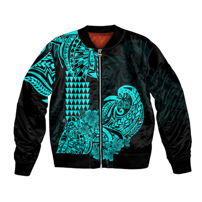 Hawaii Kakau Bomber Jacket Polynesian Floral Tribal Aqua Version