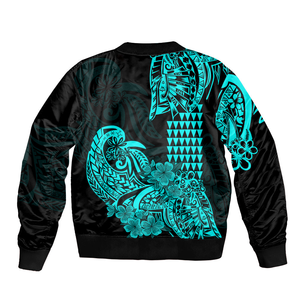 Hawaii Kakau Bomber Jacket Polynesian Floral Tribal Aqua Version
