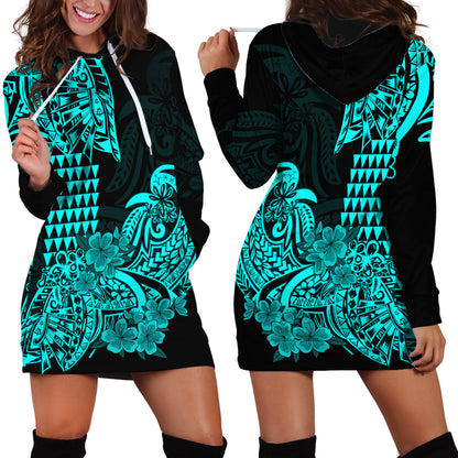 Hawaii Kakau Hoodie Dress Polynesian Floral Tribal Aqua Version