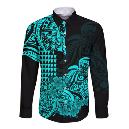 Hawaii Kakau Long Sleeve Button Shirt Polynesian Floral Tribal Aqua Version