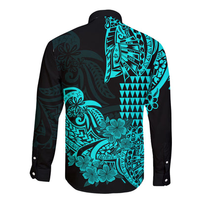 Hawaii Kakau Long Sleeve Button Shirt Polynesian Floral Tribal Aqua Version