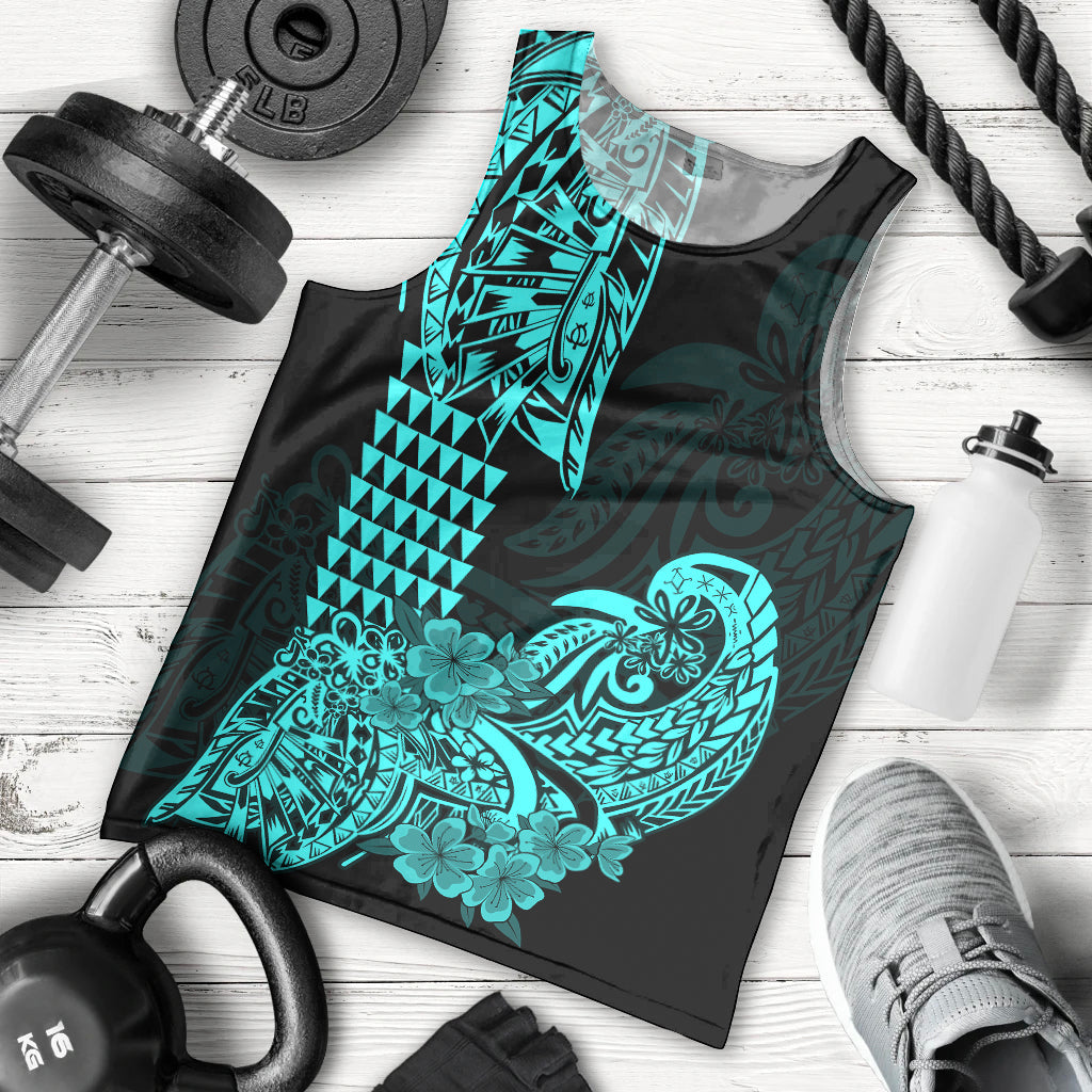 Hawaii Kakau Men Tank Top Polynesian Floral Tribal Aqua Version