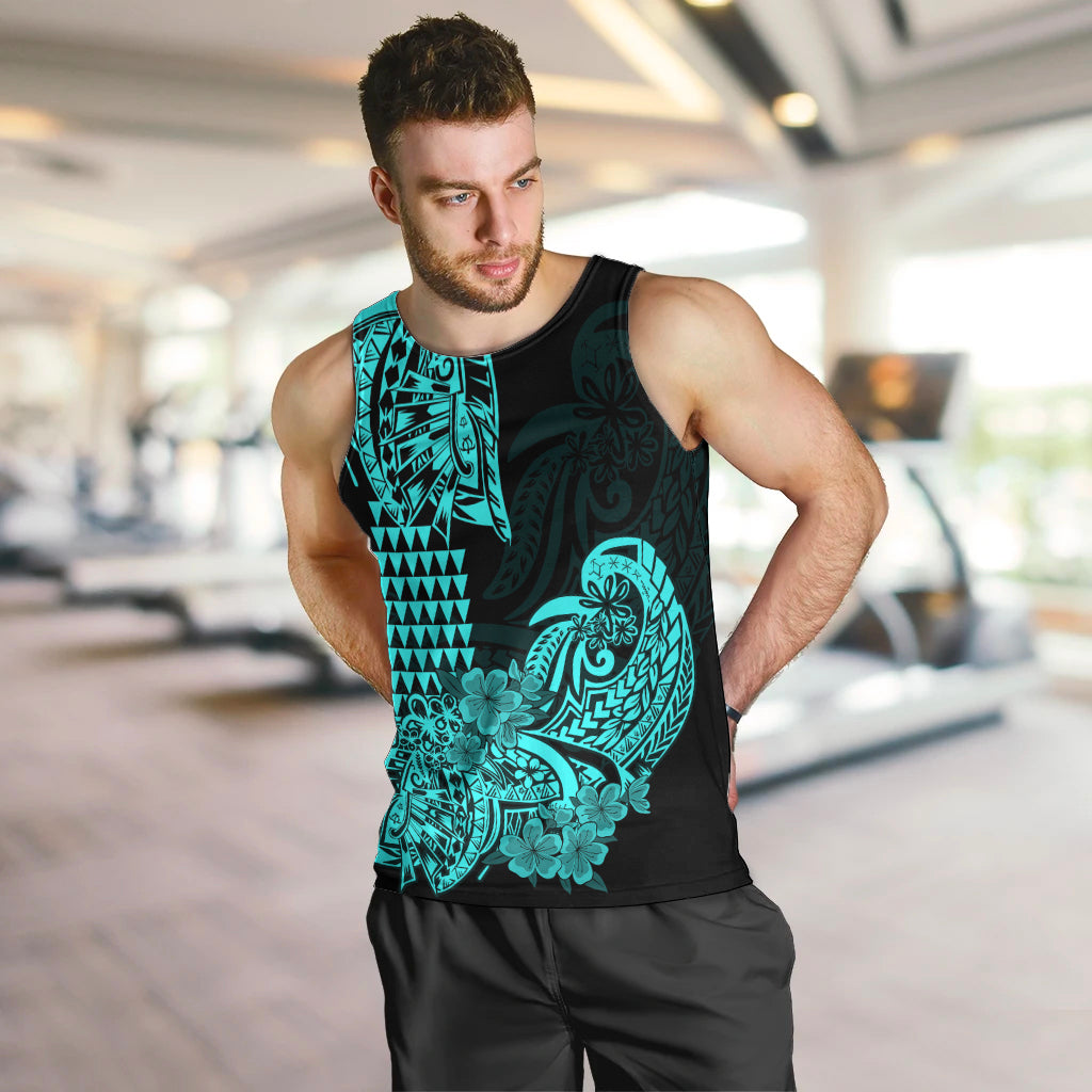 Hawaii Kakau Men Tank Top Polynesian Floral Tribal Aqua Version