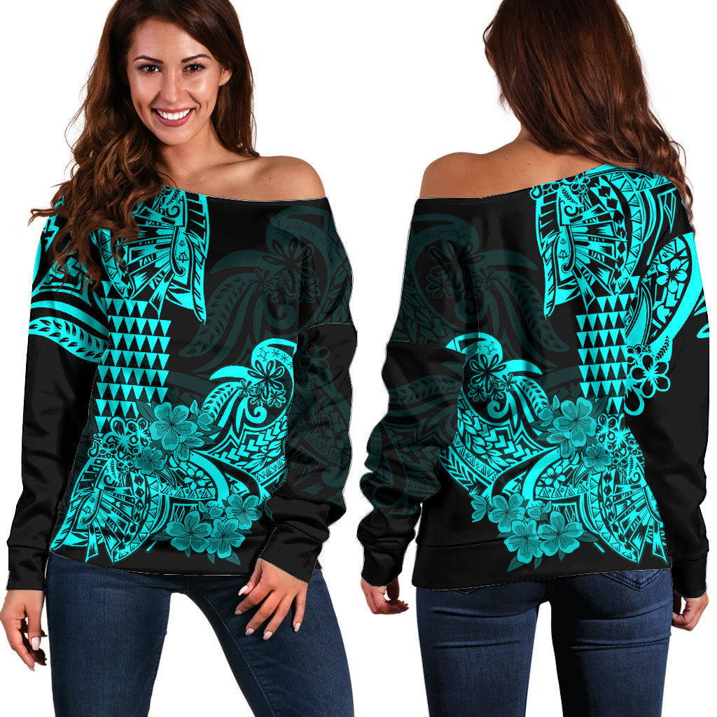 Hawaii Kakau Off Shoulder Sweater Polynesian Floral Tribal Aqua Version