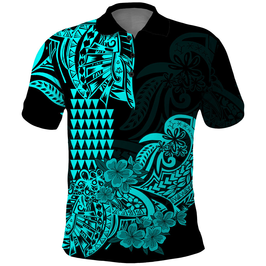 Hawaii Kakau Polo Shirt Polynesian Floral Tribal Aqua Version