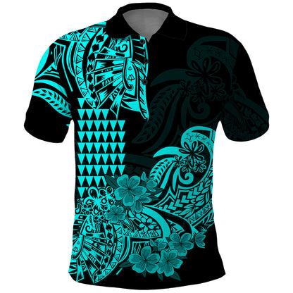 Hawaii Kakau Polo Shirt Polynesian Floral Tribal Aqua Version