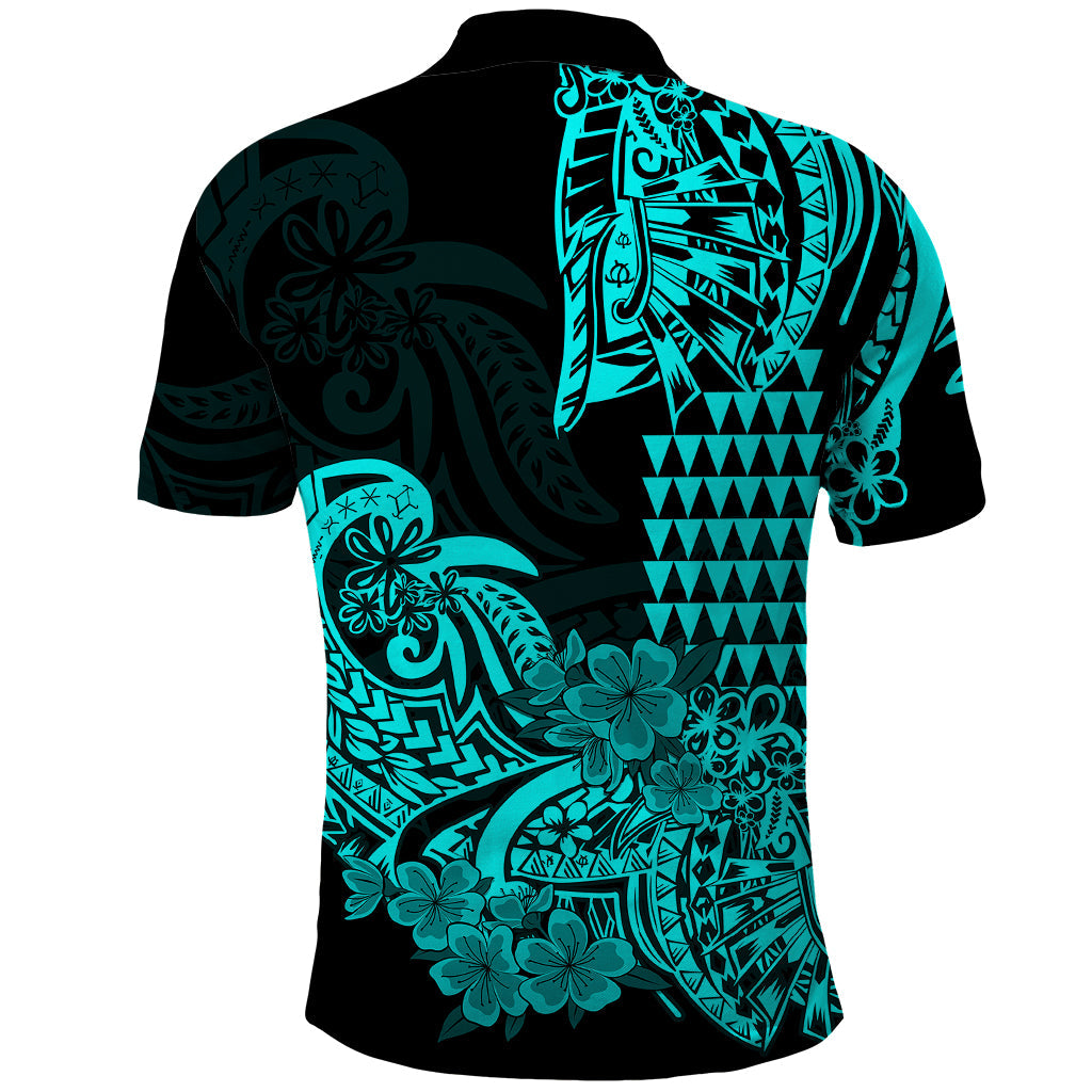 Hawaii Kakau Polo Shirt Polynesian Floral Tribal Aqua Version