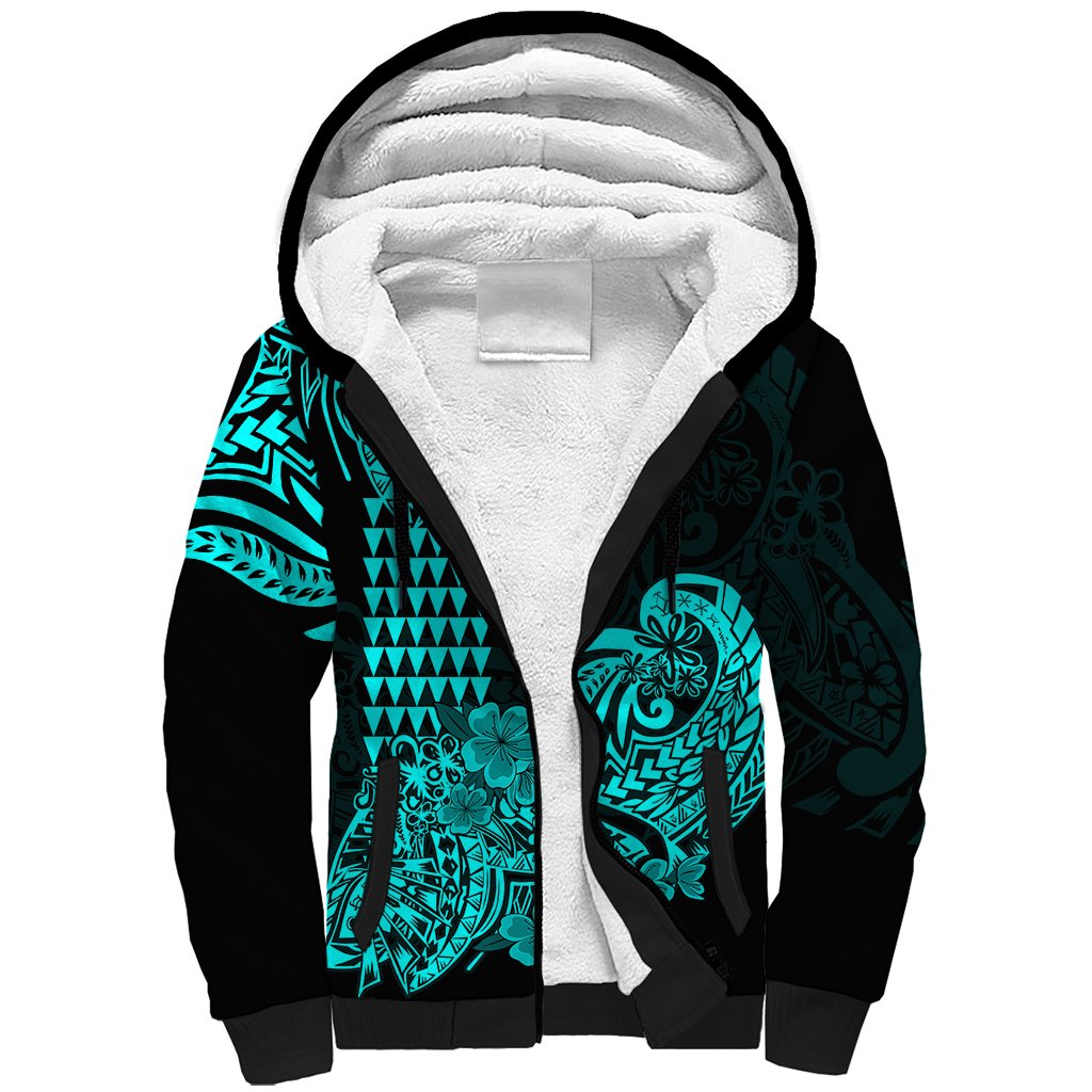 Hawaii Kakau Sherpa Hoodie Polynesian Floral Tribal Aqua Version