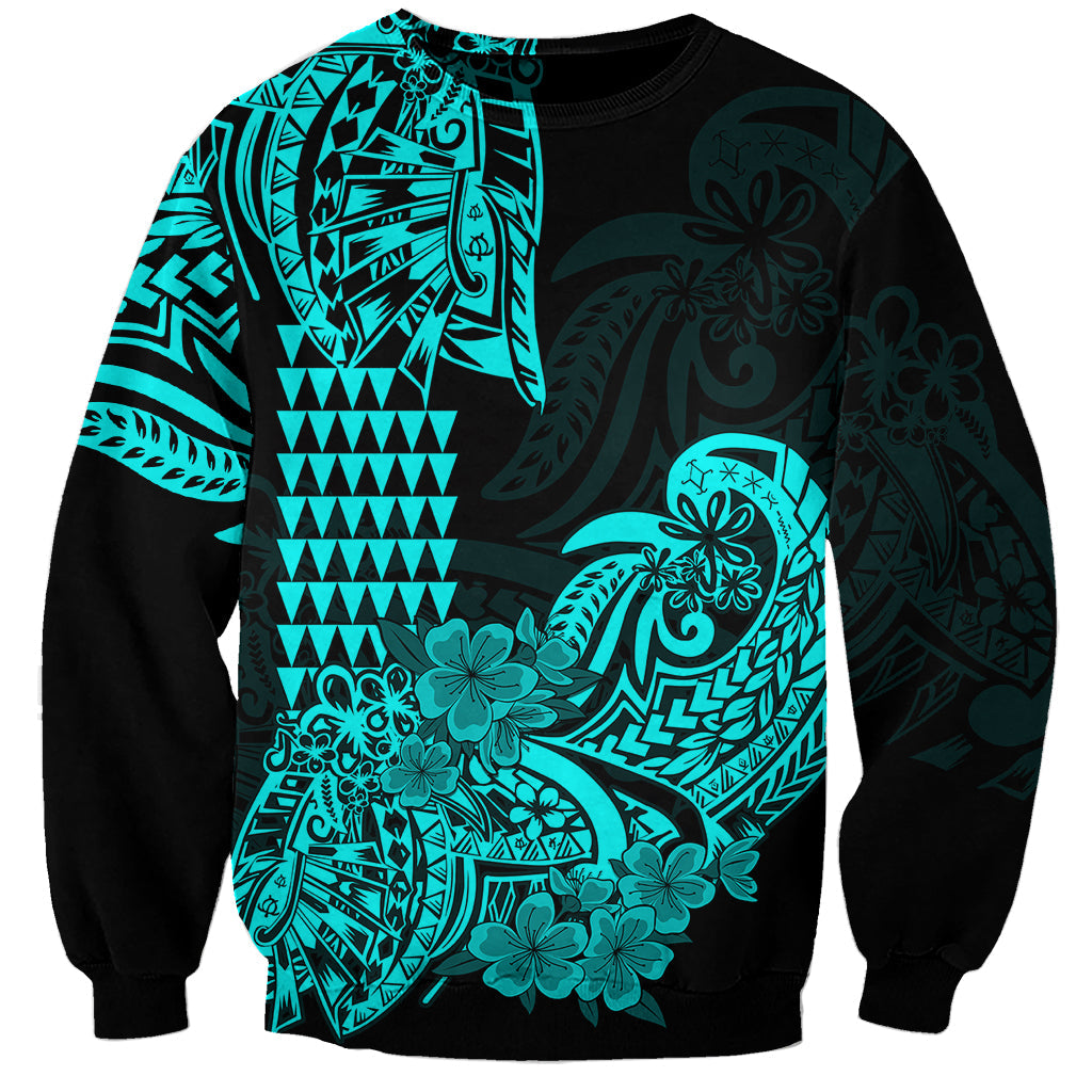 Hawaii Kakau Sweatshirt Polynesian Floral Tribal Aqua Version