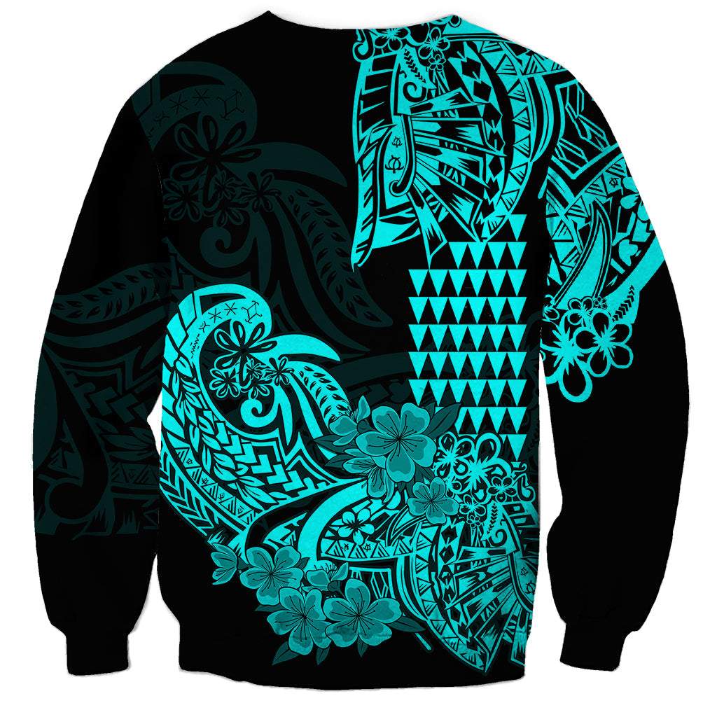 Hawaii Kakau Sweatshirt Polynesian Floral Tribal Aqua Version