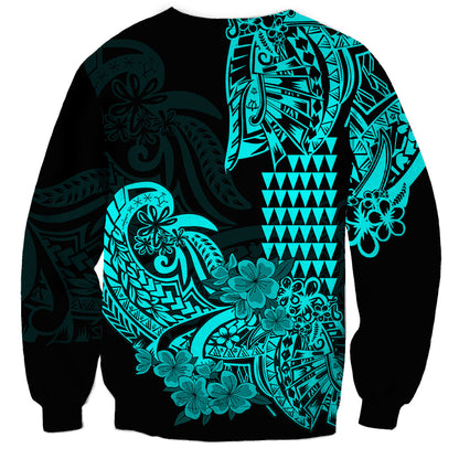 Hawaii Kakau Sweatshirt Polynesian Floral Tribal Aqua Version