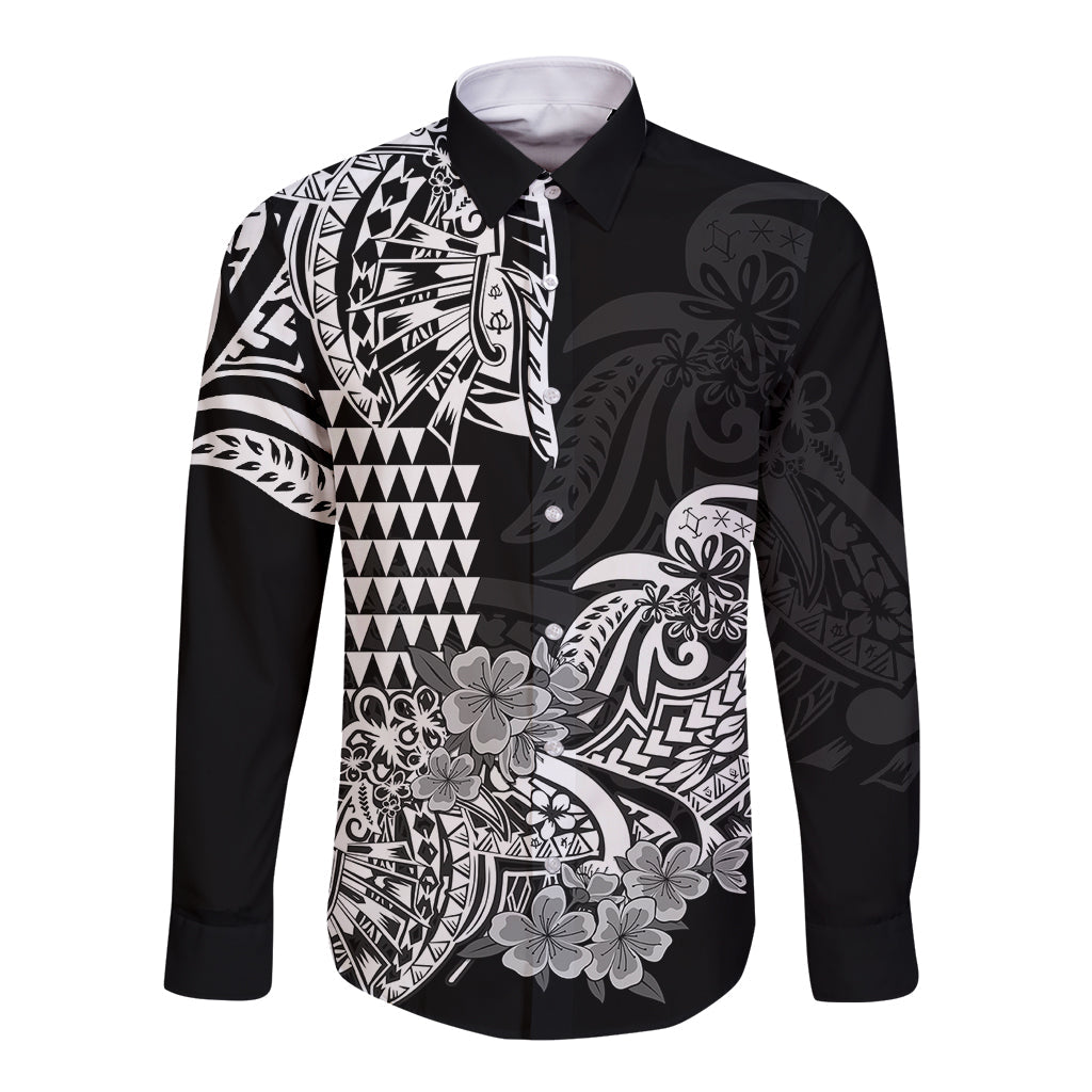 Hawaii Kakau Long Sleeve Button Shirt Polynesian Floral Tribal Black Version