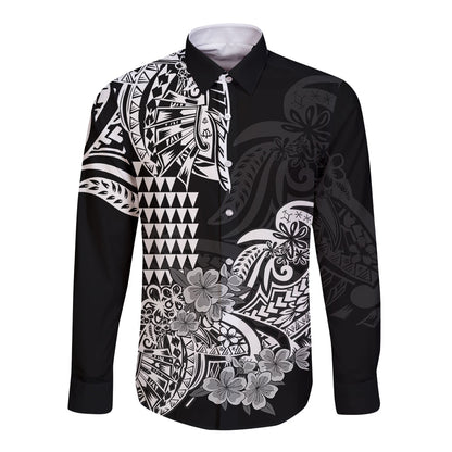 Hawaii Kakau Long Sleeve Button Shirt Polynesian Floral Tribal Black Version