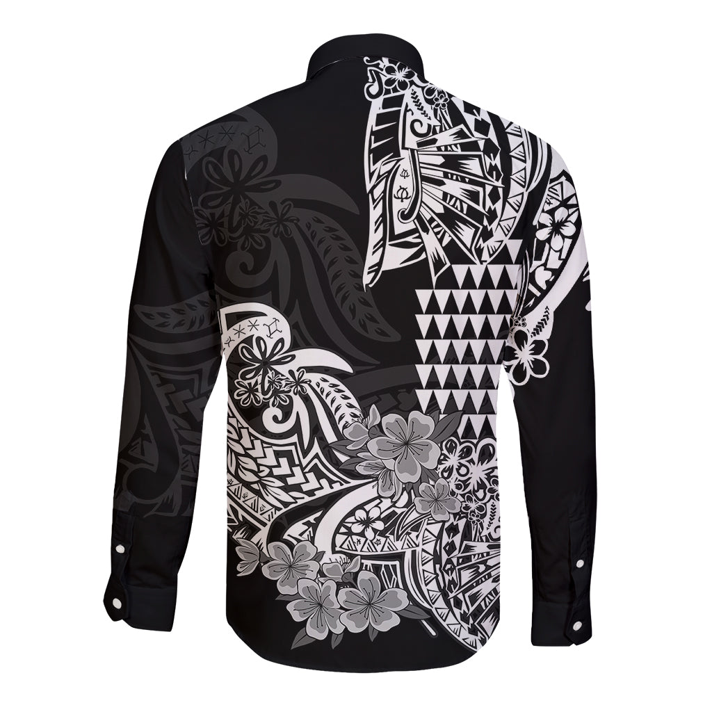 Hawaii Kakau Long Sleeve Button Shirt Polynesian Floral Tribal Black Version