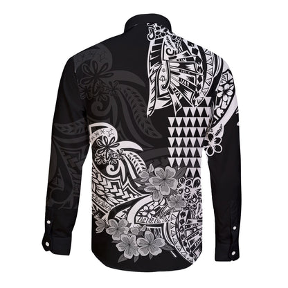 Hawaii Kakau Long Sleeve Button Shirt Polynesian Floral Tribal Black Version