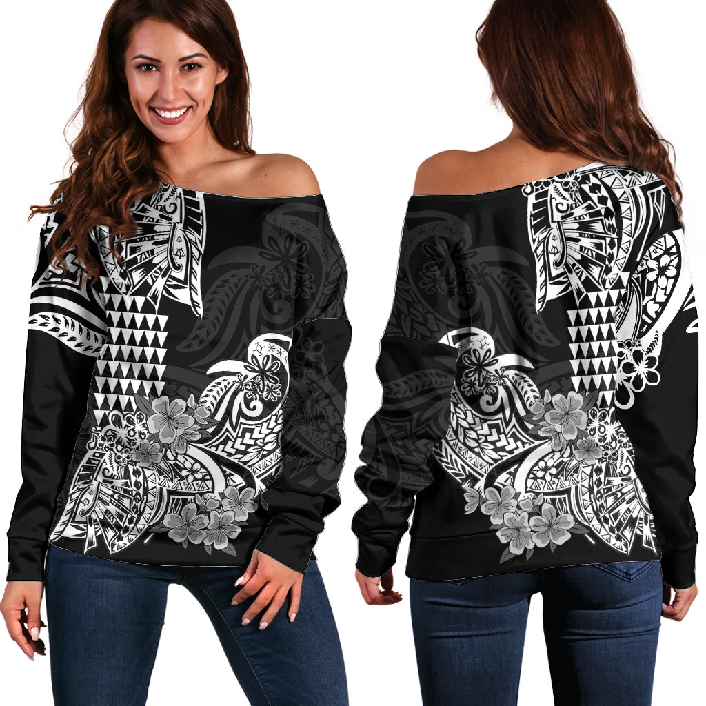 Hawaii Kakau Off Shoulder Sweater Polynesian Floral Tribal Black Version