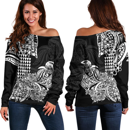 Hawaii Kakau Off Shoulder Sweater Polynesian Floral Tribal Black Version