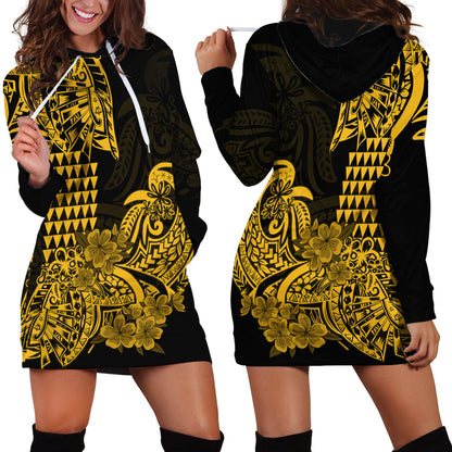 Hawaii Kakau Hoodie Dress Polynesian Floral Tribal Gold Version