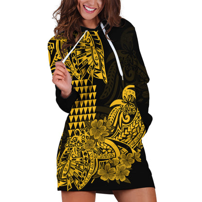 Hawaii Kakau Hoodie Dress Polynesian Floral Tribal Gold Version