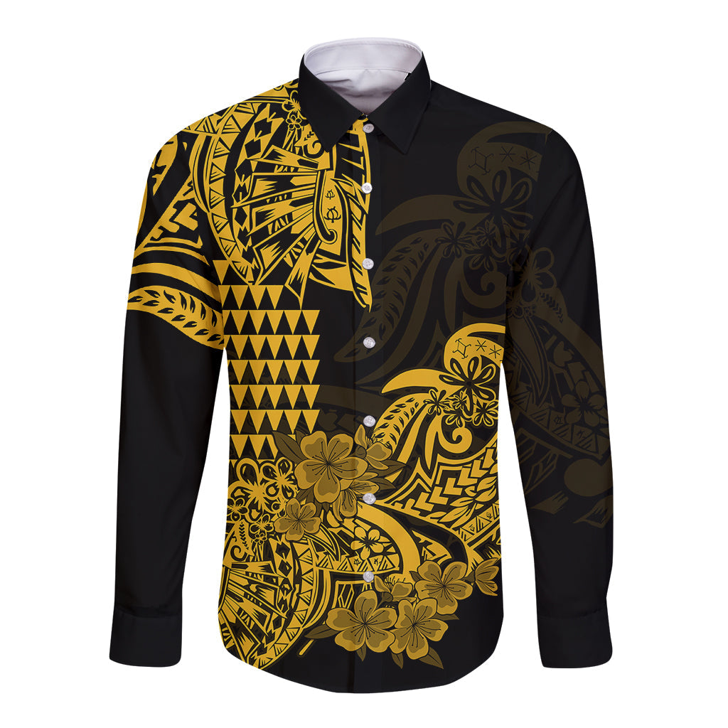 Hawaii Kakau Long Sleeve Button Shirt Polynesian Floral Tribal Gold Version