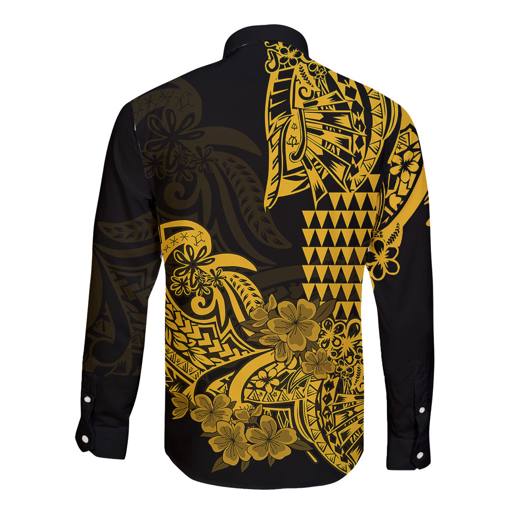 Hawaii Kakau Long Sleeve Button Shirt Polynesian Floral Tribal Gold Version