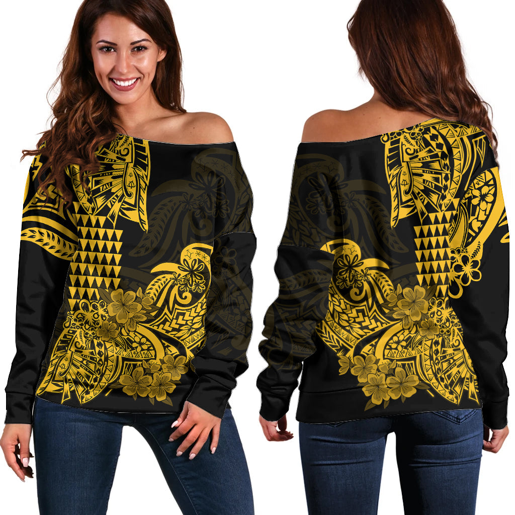 Hawaii Kakau Off Shoulder Sweater Polynesian Floral Tribal Gold Version