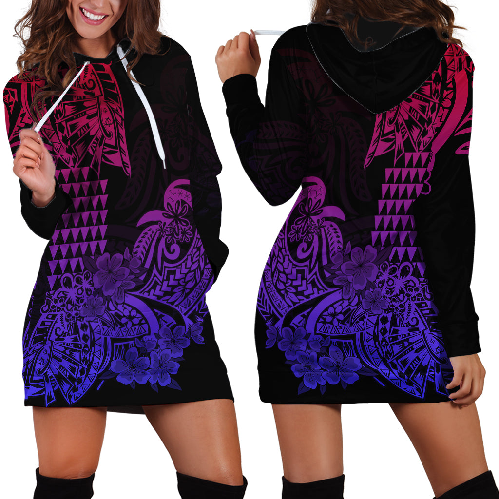 Hawaii Kakau Hoodie Dress Polynesian Floral Tribal Gradient Version