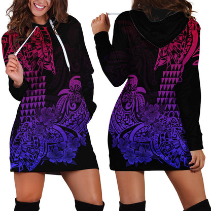Hawaii Kakau Hoodie Dress Polynesian Floral Tribal Gradient Version