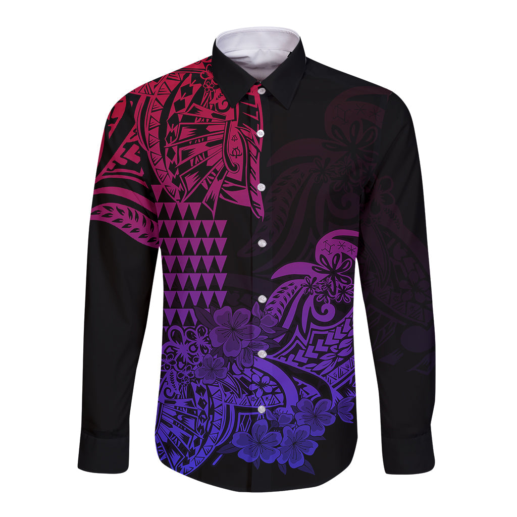 Hawaii Kakau Long Sleeve Button Shirt Polynesian Floral Tribal Gradient Version