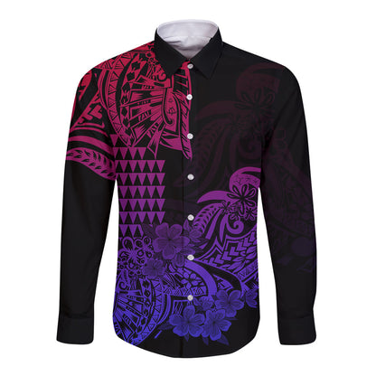 Hawaii Kakau Long Sleeve Button Shirt Polynesian Floral Tribal Gradient Version